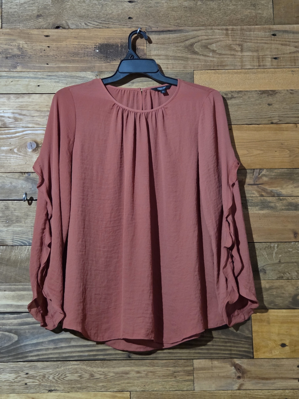 Ruffle Sleeve Crepe Blouse Terracotta Boho Romantic Career Office XL Simply Vera